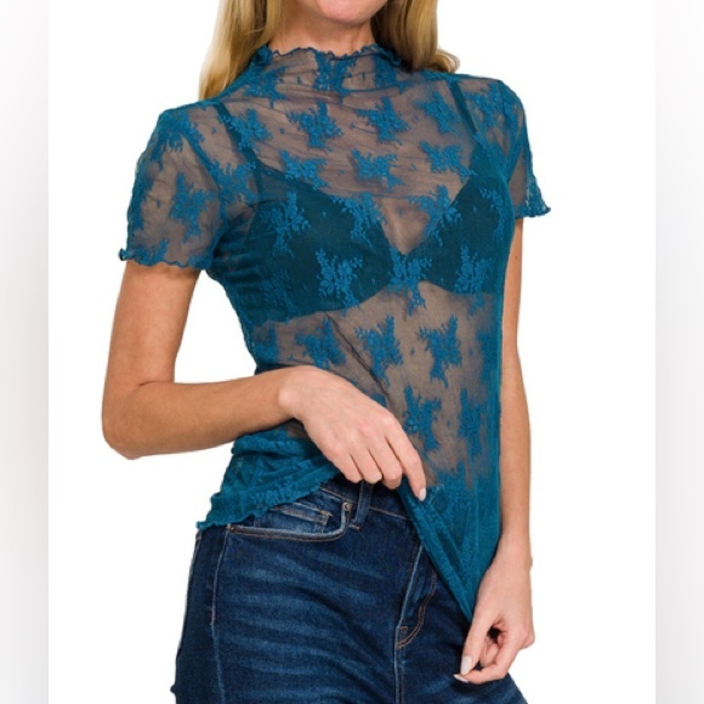 The “Boho Lace Tee” Short Sleeve Top | Teal